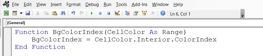 Figure 4.4. Creating BgColorIndex VBA function