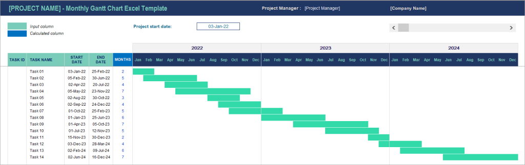 Figura 04. Plantilla Excel de diagrama de Gantt mensual