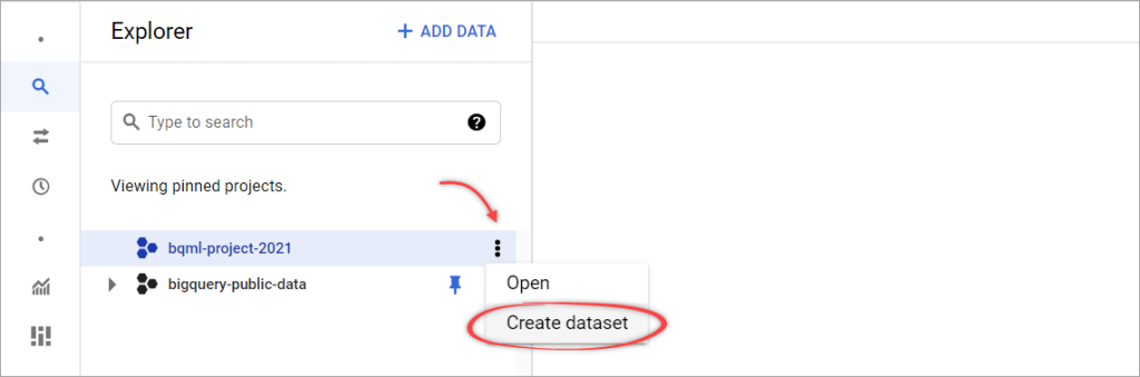 Figure 2. The menu to create a dataset