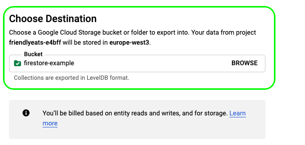 06 firestore export select destination 1