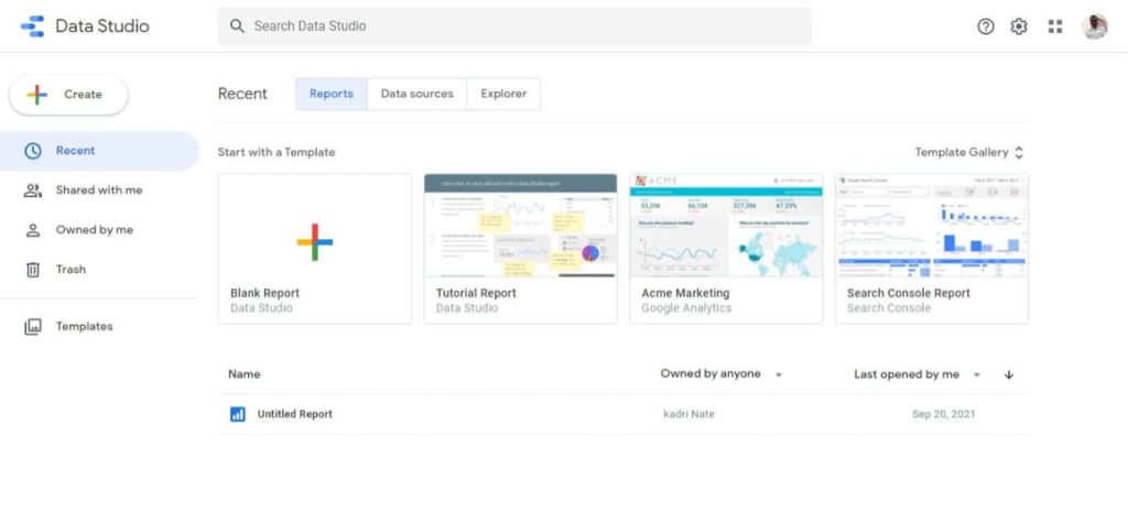 1 a snapshot of Data Studio interface.