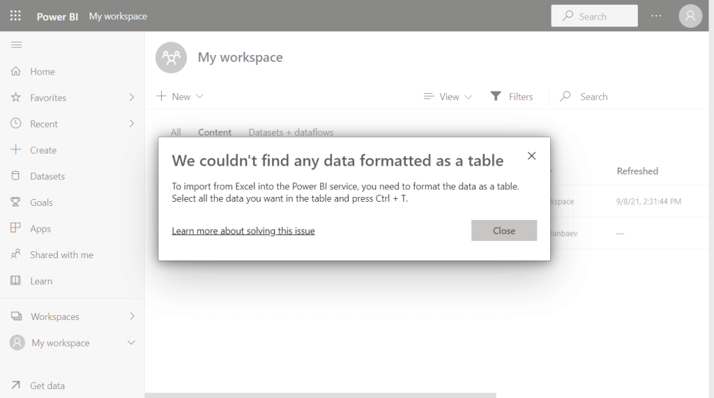21 no data fromatted as table