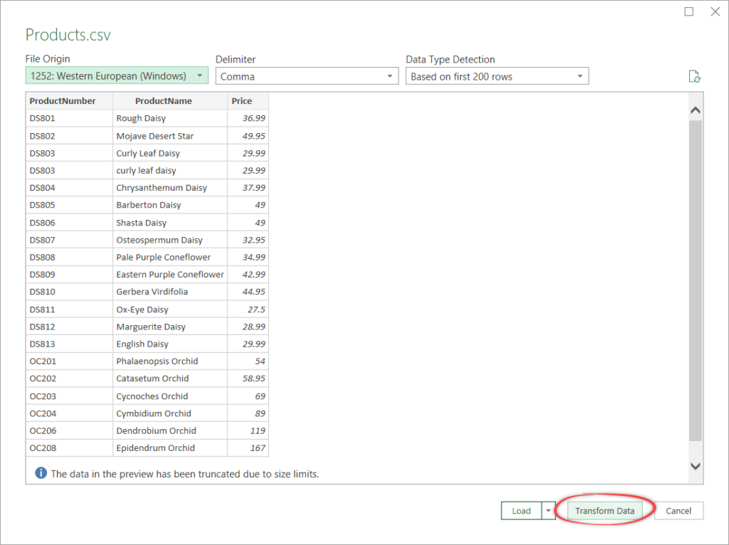 Figure 08. Clicking Transform Data in the Preview window