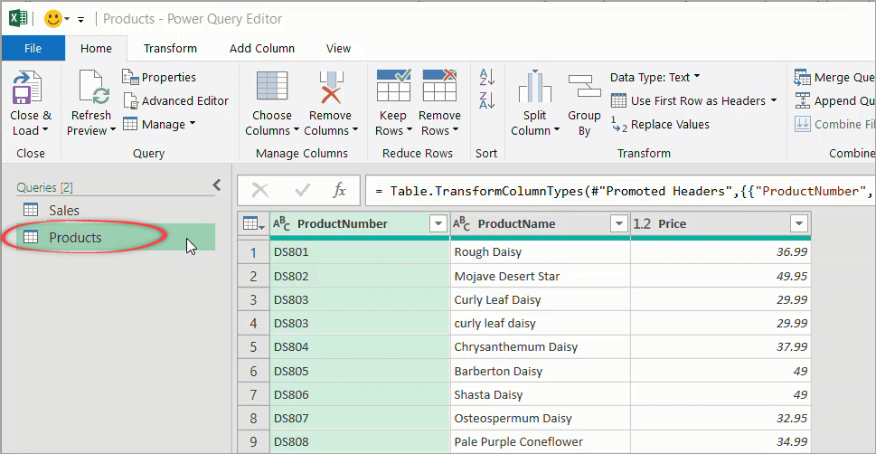 Figure 16. Excel Power Query Editor showing the Products query