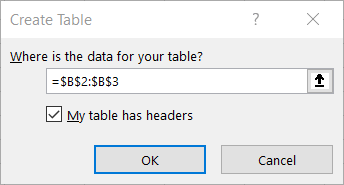 Figure 30. Entering the table range