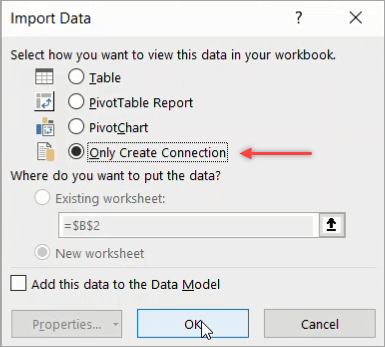 Figure 33. Choosing to only create a connection