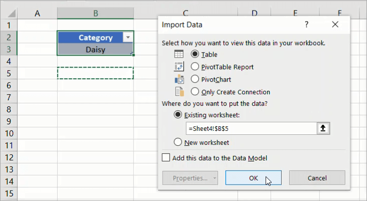 Figure 38. Load to an existing worksheet
