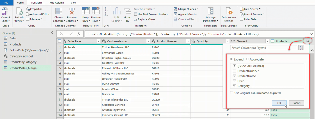 Figure 42. Selecting columns from the Products table