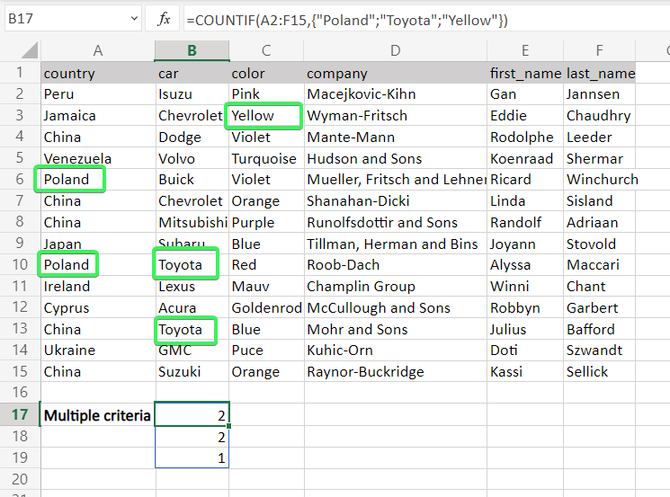 excel countif multiple criteria different column