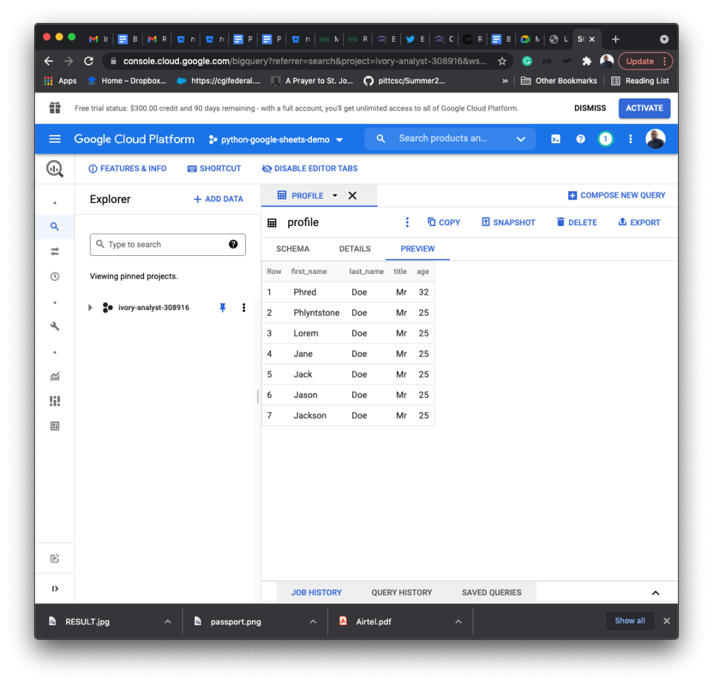 BigQuery table with rows
