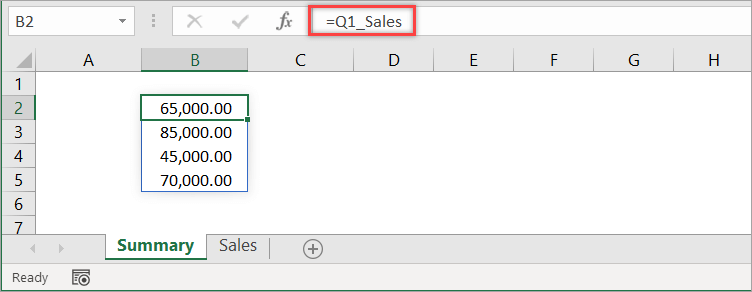Figure 19. An example of linking to a defined name from another worksheet