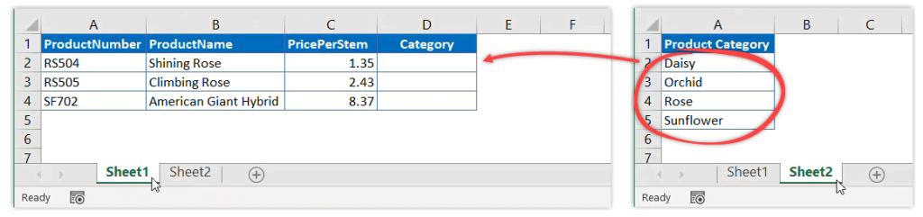 Figure 21. Link lists in different sheets in Excel example