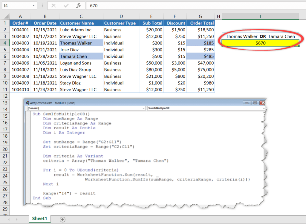 Figure 22. SUMIFS VBA with multiple OR criteria result