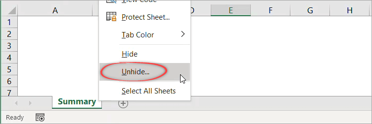 Figure 24. How to unhide a hidden sheet