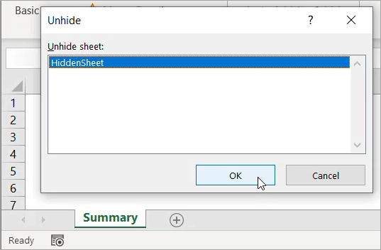 Figure 25. Selecting a hidden sheet to unhide