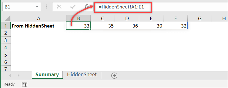 Figure 26. A linking formula to show data from the HiddenSheet sheet