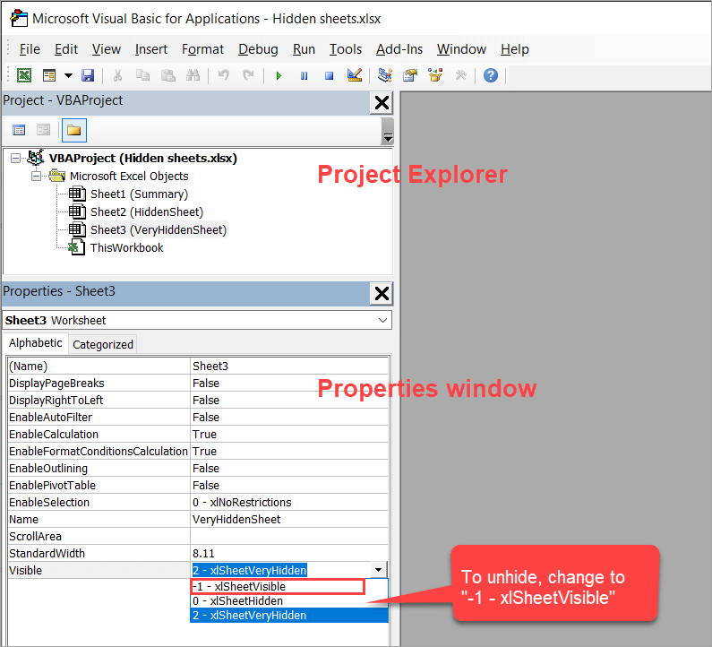 Figure 28. How to unhide a very hidden sheet