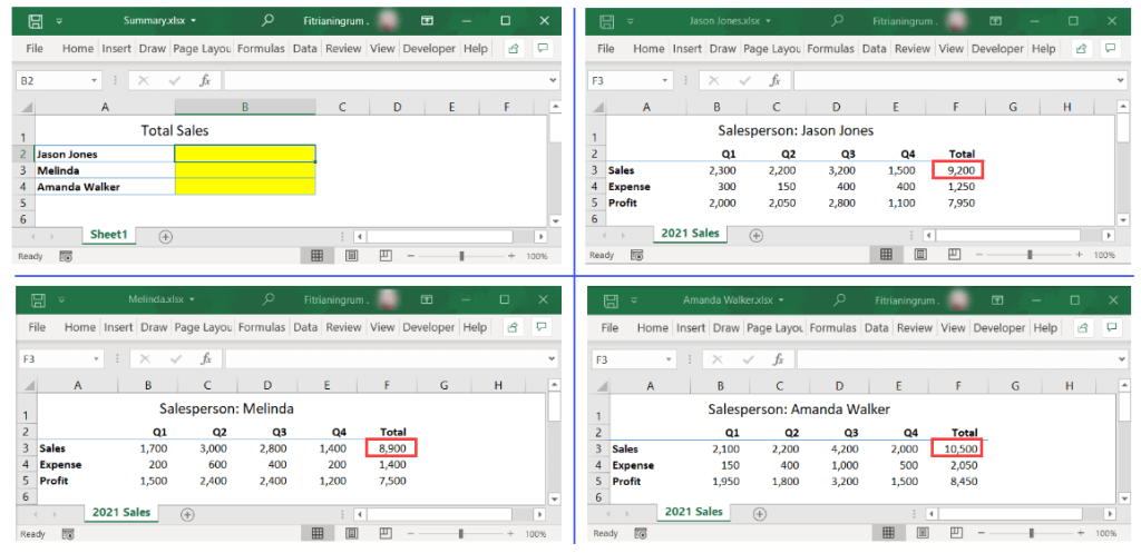 Figure 38. An example of how to link worksheets from different workbooks in Excel