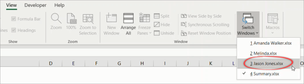Figure 40. Switching to another workbook