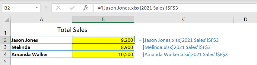 Figure 42. The linking formulas to workbooks that are currently open