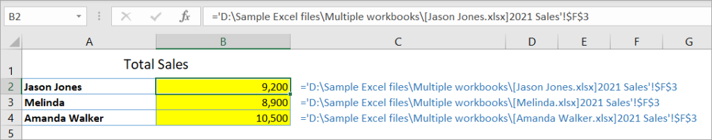 Figure 43. The linking formulas to workbooks that are currently closed