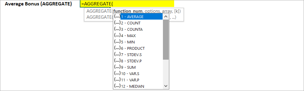 Figure 4.2. Typing AGGREGATE in Excel