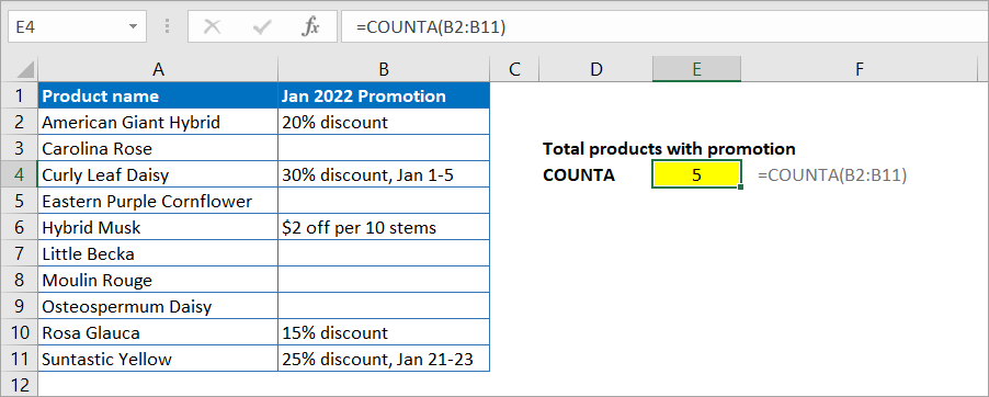 Figure 5.1.1. Using the COUNTA function to calculate the number of non empty cells