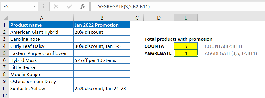 Figure 5.1.2. Using AGGREGATE with COUNTA to ignore hidden rows
