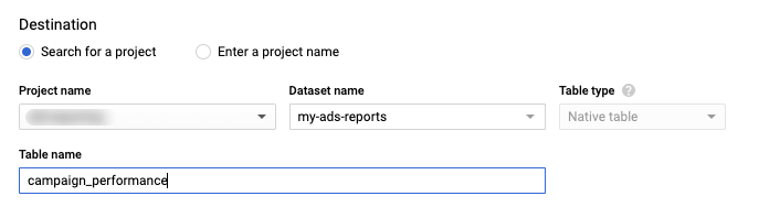 20 destino de la tabla bigquery