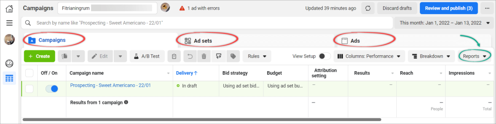 Figure 2.2.2. How to use Ads Manager Campaigns page