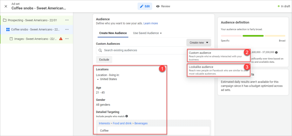Figure 4.3.1. Facebook ads managing audiences