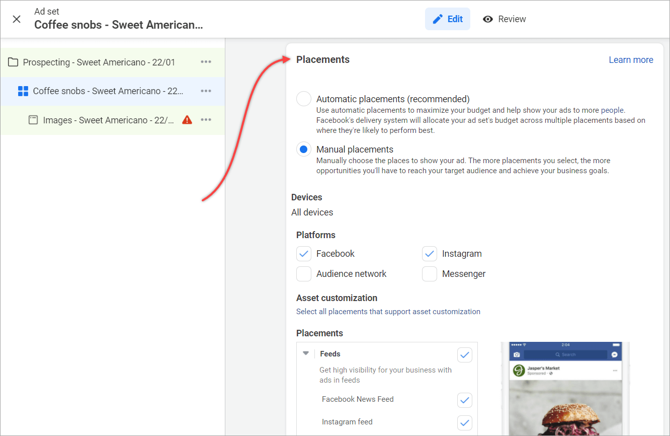 Facebook ads gestionando la colocación de anuncios