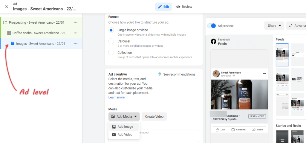 Figure 4.5.1. Facebook ads managing ad creatives