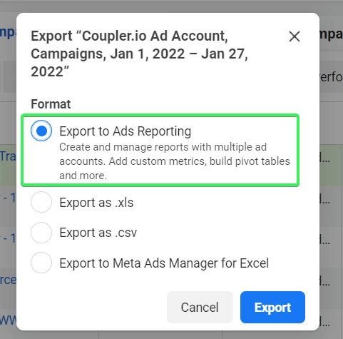 4 export to ads reporting