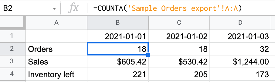 50 calculations google sheets counta