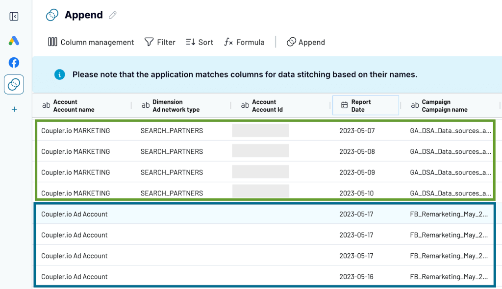 data transformation append