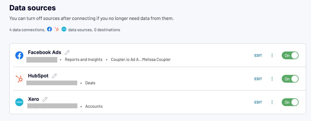 datasources transform data range FB HubSpot Xero