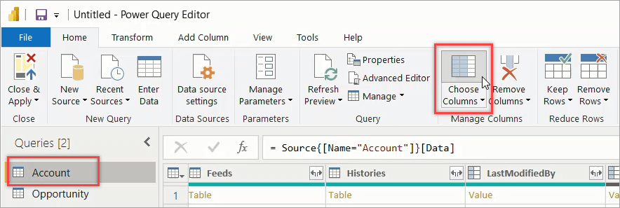 20 Selecting Account in the Power Query Editor