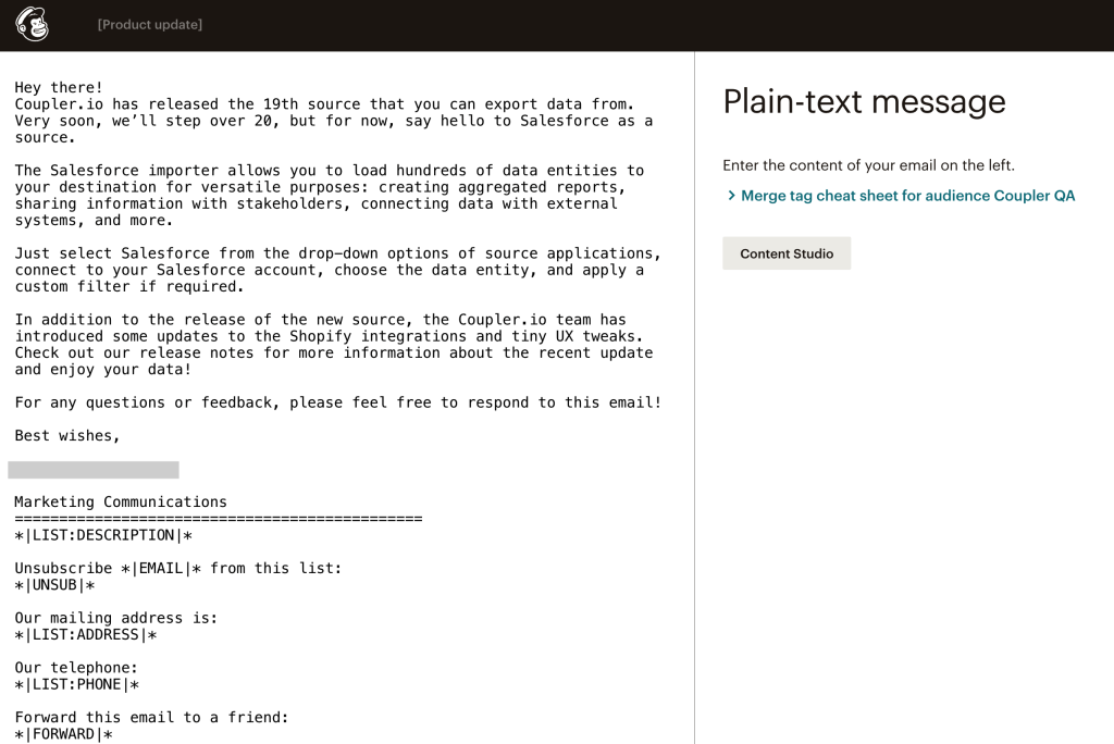 3. Mailchimp Plain text campaign example 1