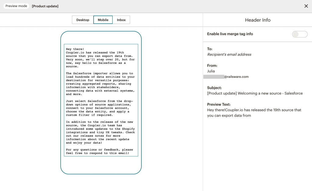 4. Mailchimp Plain text campaign example mobile 1