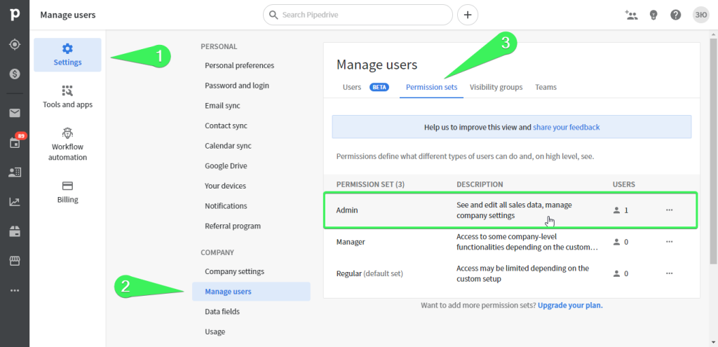 admin user pipedrive