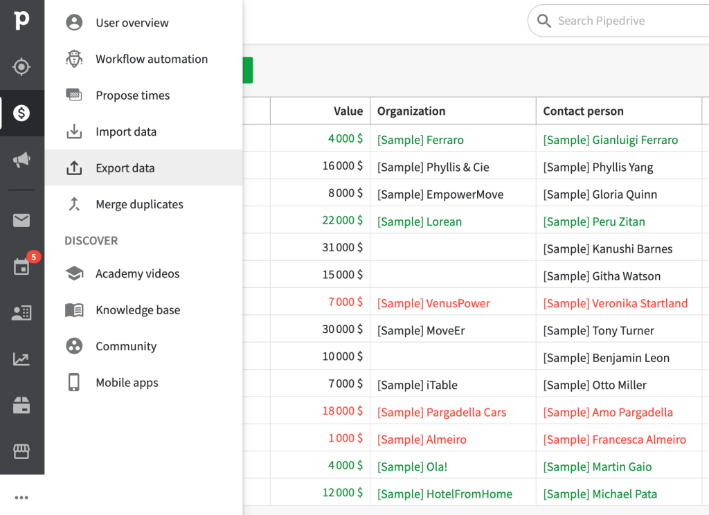 10. Pipedrive export data