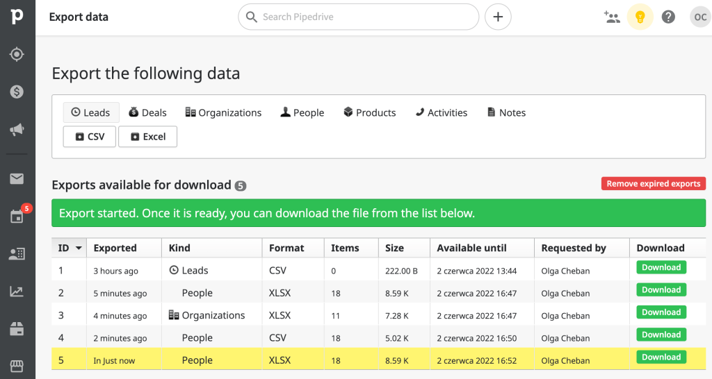 12. Pipedrive export data datasets with admin rights