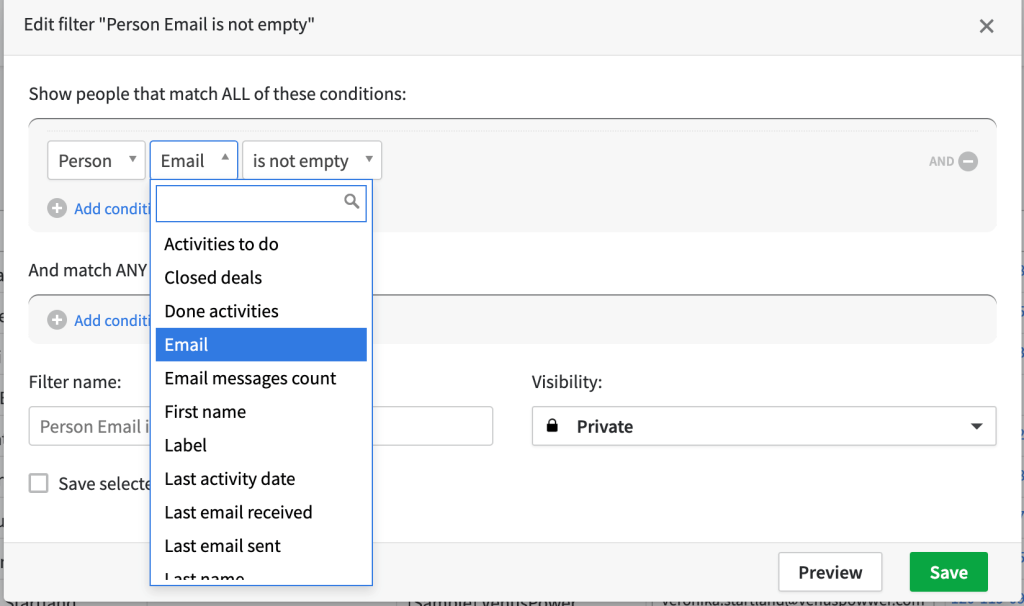 21. Pipedrive contacts filtering by email