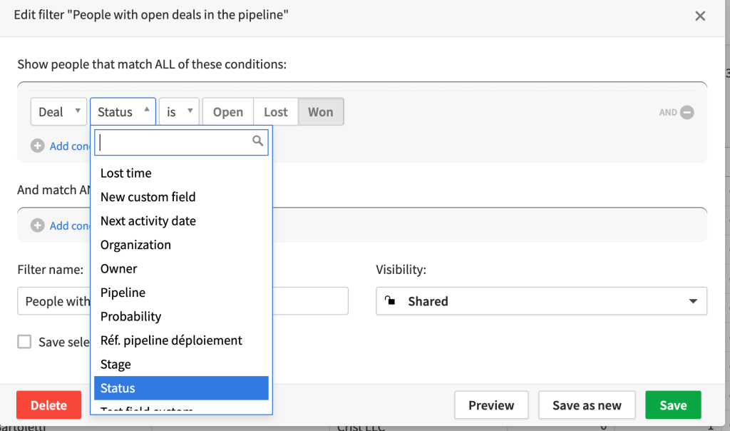 3. Pipedrive applying filters