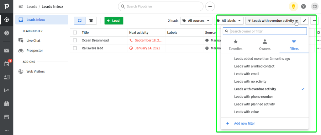 4 filter leads pipedrive