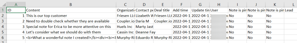 4 pipedrive notes exported excel