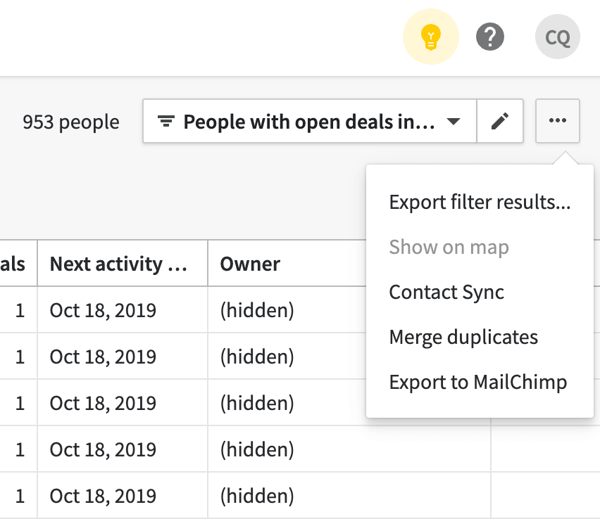 4. Pipedrive export filter results
