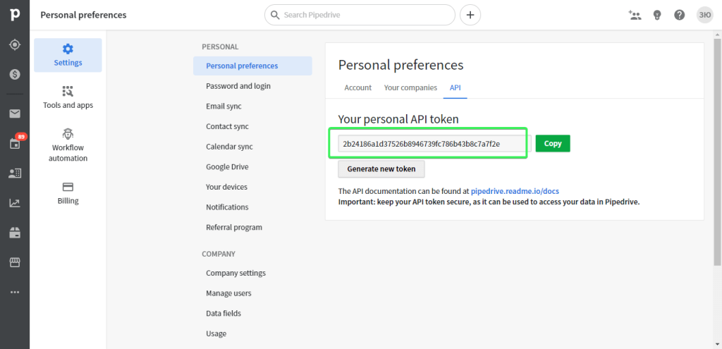 9 pipedrive api token