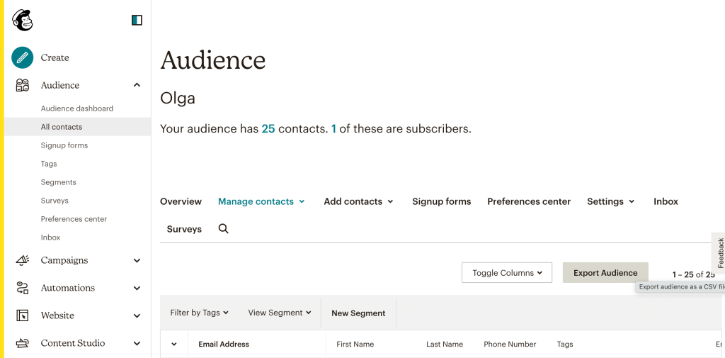 1. Mailchimp exports contacts as CSV